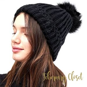 Black Knit Beanie with Fur Pom